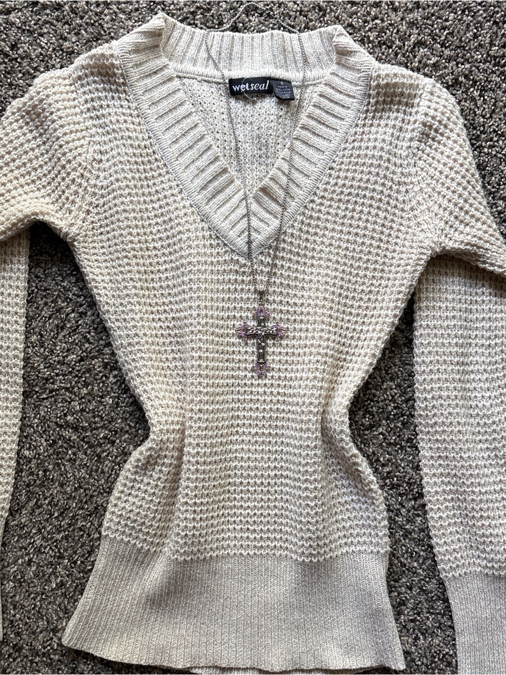 Wet Seal Cream V-Neck Textured Knit Sweater